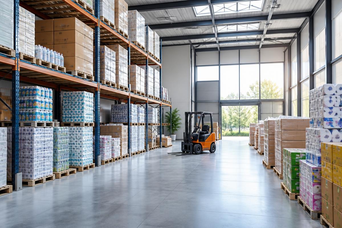Wholesale warehouse stocked with palletized household goods